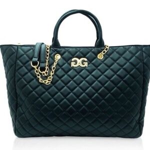 NWT Gilda Paris Black Quilted Vegan Leather LG 20x13 Tote Bag /Gold Chain Strap